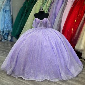 Meksika Mor Kapalı Omuz Elbisesi quinceanera Elbise Ball Boncuk Kristal Doğum Günü Partisi Bow Robe de Bal S