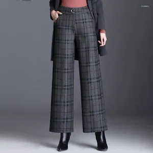 Calças femininas de lã perna larga para mulheres outono inverno estiramento cintura elegante calças escritório senhoras casual engrossar xadrez 4xl
