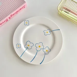 Plates Korean Blue Floral Round Plate Girl's Cute Breakfast Fruit Salad Cake Dessert Dish High-Quality Home Ceramic Tableware