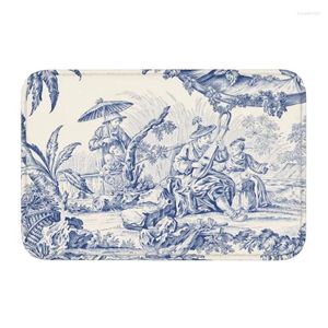 Tapetes azul marinho padrão toile de jouy tapete de porta antiderrapante cozinha banheiro jardim entrada tapete sala de estar