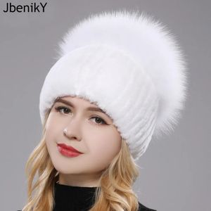 Ryssland Style Women Real äkta räv päls beanies hatt flickor naturliga riktiga rex kanin pälskallar mössa stickade vinter riktiga päls hattar 240131