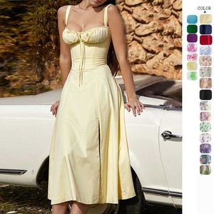 Grundläggande casual klänningar bekväm skönhet utan bottenlinje tryckare sundress ultratunna kropp elegant a-line sommar hög split party sexig midi klänning j240130