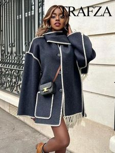 Kadın Ceketleri Trafza 2024 Sonbahar Moda Kadın Siyah Kroşe Eşarp Kat o Boyun Uzun Kollu Düğme Düz Rahat Vintage Kadın Rahat