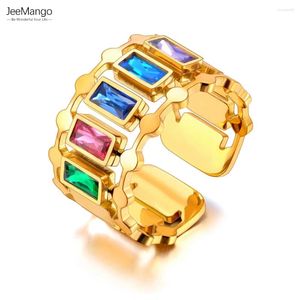 Cluster Rings JeeMango Colorful Cubic Zirconia Stainless Steel Open For Women Waterproof Adjustable Finger Jewelry JR23065