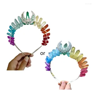 Articoli per feste Fascia per capelli con corona di quarzo in cristallo grezzo arcobaleno multicolore con accessori per capelli con diadema lunare antico scavato in metallo Strega