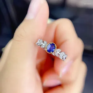 Cluster Rings Exquisite Blue Sapphire Gem Ring For Women Jewelry Real 925 Silver Natural Party Gift