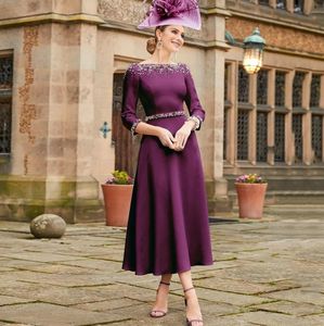 Grape Short Mother of the Bride Dress 2024 A Line Boat Neck 3/4 Sleeves Elegant Wedding Guest Gowns Midi Beading Robe De Soiree Femme