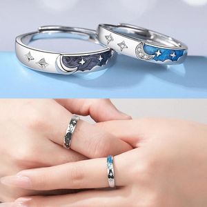 Anéis de Cluster Europeu S925 Sterling Silver Esmalte CZ Estrela e Lua Anel de Casal para Mulheres Homens Aniversário Casamento Dia dos Namorados Jóias