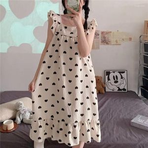 Women's Sleepwear Cartoon Heart Shape/Color Dot Print Summer Nightgown Cotton Linen Kawaii Strap Slash Neck Long Nightdress Korean Cute