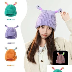 Beanie/Skull Caps Beanie Skl Caps Cute Cartoon Quirky Light Emitting Tentacle Knitted Hat Parent Child Models Warm Wool Cap Eyes Monst Dhlsx