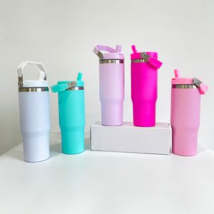 Flip-Strohhalm, 30 oz, matt, Macaron, blanko, Sublimation, doppelwandiger Edelstahl, vakuumisoliert, auslaufsichere Trinkflasche, Wasserflasche mit Griff, verkauft im Karton