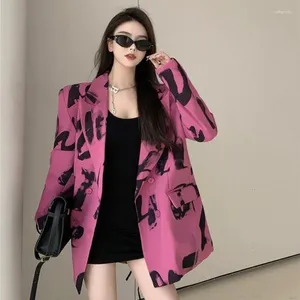 Women's Suits DAYIFUN Letter Printed Blazers Woman Notched Loose Long Sleeve Pink Coats Streetwear Female 2024 Autumn Lady Jackets Tops