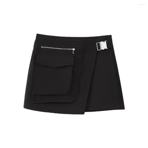 Skirts Black Pareo Style Mini Skirt For Woman Fashion Asymmetric Pocket Short Sexy High Street Women 2024 Summer