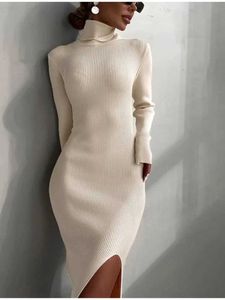 Temel gündelik elbiseler katı kaplumbağa boyun katlanmış elbise kadınlar için uzun kollu bölünmüş stil sıcak paraşüt yeleği 2023 ofis bayanlar zarif elbise j240130