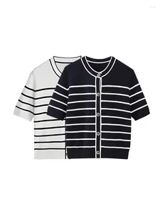 Women's Knits Women Fashion Cardigan Front Button Striped Knit Sweater Vintage O Neck Short Sleeve Female Outerwear Chic Casual Tops