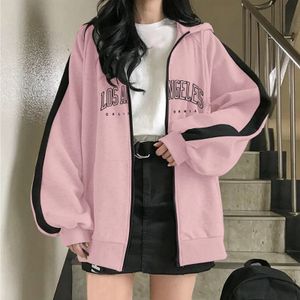 Kadın Retro Fermuarlı Hoodie Harajuku Sıradan Mektup Baskılı Uzun Kollu Gevşek Kapüşonlu Gömlek Gotik Sokak Giyim Ceket Y2K 240131