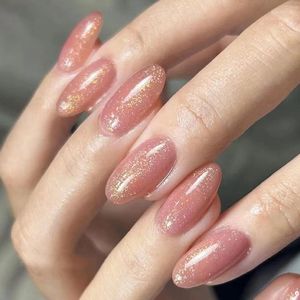 False Nails 24st Naken Fake Löstagbar kort oval glittrande pulverpress på nagelpetsar Fullt omslag Färdiga dekorationer