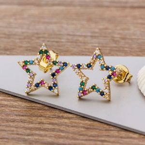 Choice Colorful Micro Pave CZ Luxury 14k Yellow Gold Rainbow Stud Earrings For Women Girls Fashion Party Jewelry Gift