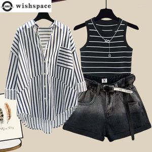 Fatos de treino feminino primavera/verão conjunto coreano listrado protetor solar camisa moda casual regata shorts jeans três peças