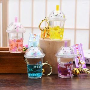 Keychains Cartoon Cute Liquid Quicksand Keychain Sakura Cat Milk Tea Cup Acrylic Floating Keyring Pendant For Women Girl Ryggsäck KeyFob