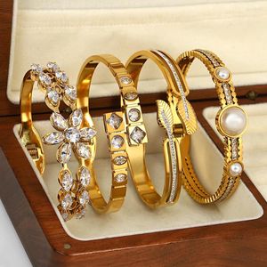 Armreif AENSOA 316L Edelstahl Strass Zirkon Gold Farbe Armband Für Frauen Blätter Herz Auge Geometrische Schmuck Geschenk