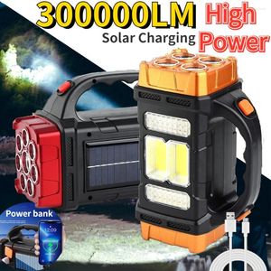 Lanternas tochas portátil poderosa lanterna solar LED com luzes de trabalho COB portátil 4 modos USB recarregável luz de tocha ao ar livre