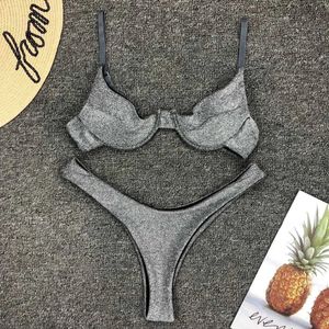 Costumi da bagno donna sexy argento scintillante bikini 2022 costumi da bagno donna top push cut intimo brasiliano costumi da bagno estivi J240131