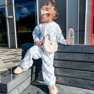 Conjuntos de roupas moda bebê menina menino malha roupas conjunto camisola calça 2pcs infantil criança primavera outono inverno xadrez malha terno 1-5y