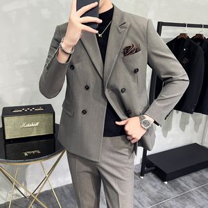 Ternos masculinos duplo breasted conjunto de duas peças básico formal luxo moda negócios casual fino ajuste clássico listrado terno e calças conjunto