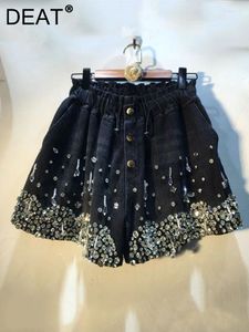 Women's Shorts DEAT Women Denim Beaded Diamonds Elasticity High Waist Wide Leg Solid Color Short Jeans 2024 Autumn Fashion 29L34