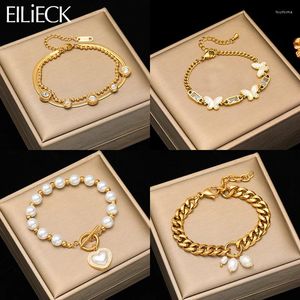 Link Bracelets EILIECK 316L Stainless Steel Heart Butterfly Pearl Bracelet Bangles For Women Girl Fashion Wrist Chain Jewelry Holiday Gifts