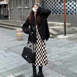 Юбки 2024, осень-зима, элитная вельветовая полуюбка в шахматном порядке, женская корейская модная юбка с принтом на талии средней длины, трапециевидной формы