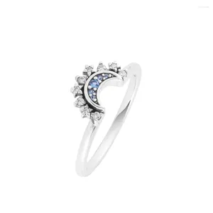 Cluster Rings In 925 Sterling Silver Ring Celestial Blue Sparkling Moon For Women Wedding Finger Original Jewelry Bague Femme
