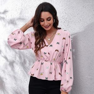 Women's Blouses 2024 Butterfly Print Blouse Women Fashion V Neck Long Sleeve Collect Waist Design Shirts Ladies Elegant Casual Top