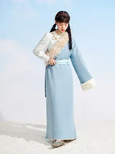 Ethnic Clothing Tibetan Robe Women's Po Blue Fur Collar Style Winter Dress