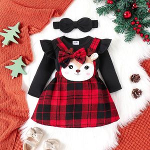 Set di abbigliamento Abiti natalizi per bambina Tinta unita Pagliaccetti a maniche lunghe Cervo Patch Plaid Bretelle Gonne Fascia per capelli 3 pezzi Set di vestiti