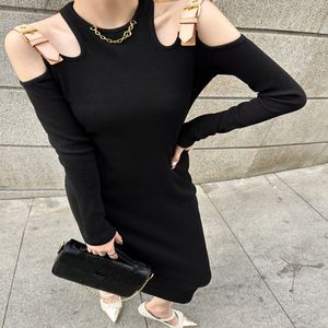 Designer Women's Dresses Threaded Cotton Knit Shoulder Hollow Chain Decoration Fashion Elegant Royalty Style Casual Long Sleeve Slim Dresses