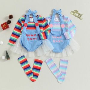 Kläduppsättningar Småbarn Kid Girl Halloween Costume Set Rainbow Stripe Print Långärmad Tops Letter övergripande Romper Socks Children Outfit