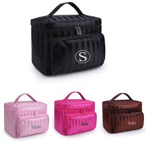 Personalisierte Stickerei, hohe Kapazität, Make-up-Etui, Reise-Kosmetiktasche, gestreift, Kulturbeutel für Damen, tragbar, wasserabweisend 240125