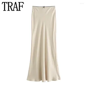 Skirts 2024 Satin Midi Skirt Women Beige Stylish Long For Fashion High Waist Chic And Elegant Woman