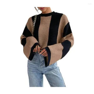 Swetry damskie 2024 Autumn Okrągła szyja Sweter Sweter Dame Stripe Contrast Flare Rleeves Fash