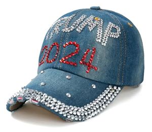 USA Flag Trump 2024 Berretto da baseball Cappello da partito Campagna elettorale Cappellini da cowboy Snapback regolabile Donna Denim Cappelli con diamanti 9 stili 564Q