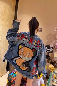 URIOR denim jacket hot selling diamond sequin bear long sleeved loose street style jacket fashion new 2024 spring/summer 240131