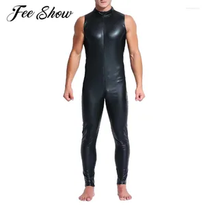 Men's Swimwear Black Men Faux Leather Bodysuit Swimsuit High Collar Sleeveless Zipper Bodycon Stretchy Gym Jumpsuit Catsuit Nightclub