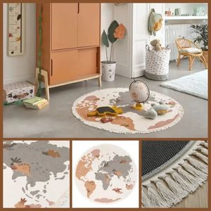 Soft Plush Kids Bedroom Rug World Maps Fluffy Carpet For Living Room With Tassels Round Hairy Nursery Play Mat For Children 240131