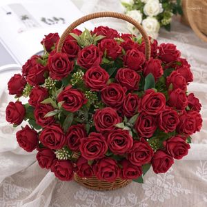 Decorative Flowers Red Rose Bouquet Artificial Bride Peony Fake Flower DIY Home Christmas Wedding Party Table Vase Room Decoration