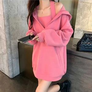 Fashionable loose pocket solid color hoodie womens sports shirt 2024 spring new oversized Korean top casual sports shirt 240131