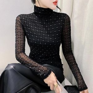 Women's T Shirts 2024 Autumn Long Sleeved Turtleneck Fashion Casual High Strecth Black Mesh Tops