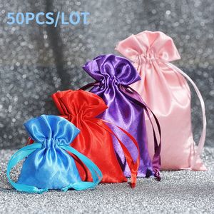 50 PcsLot Drawstring Satin Bags for Christmas Year Party Smooth Touching Silk Gift Fabric Package Pouch 240129
