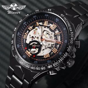 Vinnare Officiella Casual Mens Watches Top Automatic Mechanical Watch Men Skeleton Dial Steel Band Hip Hop Wristwatch241D